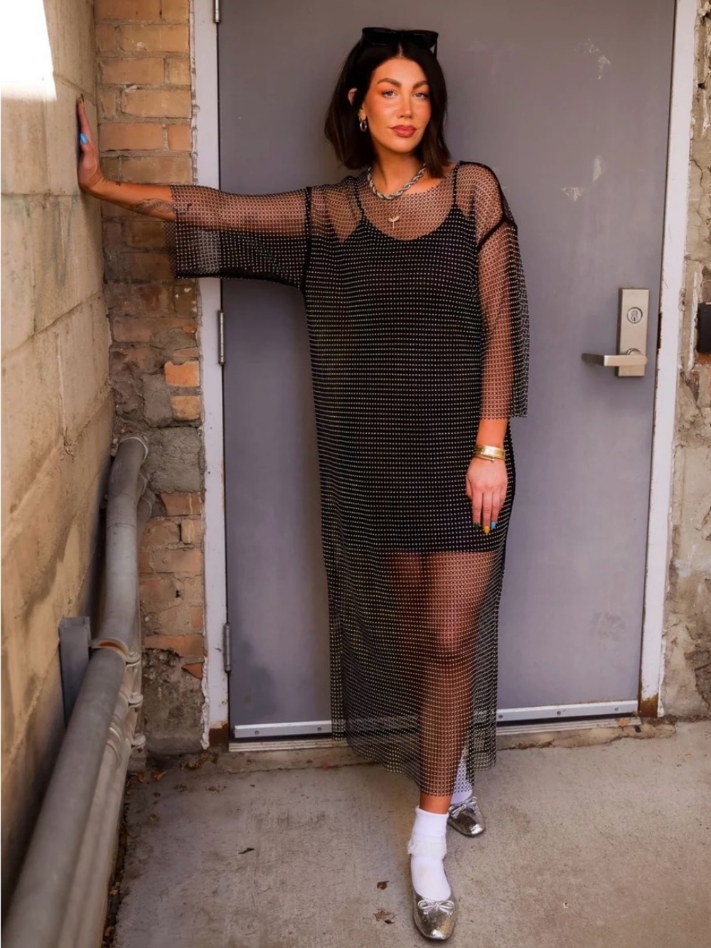 Dressed in Lala Mirrorball Rhinestone Mesh Maxi Dress L/XL Black